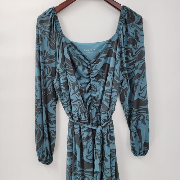 Ava & Viv‎ Swirl Maxi Dress Womens 1X Blue Mesh Ruched Long Balloon Sleeve - Picture 16 of 16